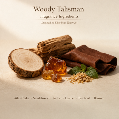 Woody Talisman fragrance ingredients with sandalwood, amber, leather, patchouli, and benzoin on a beige background.