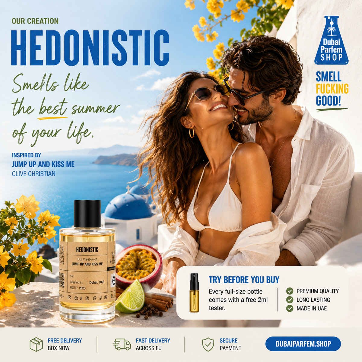A promotional ad for Hedonistic perfume by Dubai Perfum Shop, showing a bottle of the fragrance alongside a couple embracing by the sea, with text overlays and product benefits.