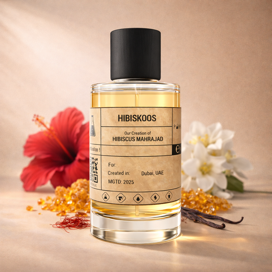 Hibiskoos perfume bottle with flowers on a beige background