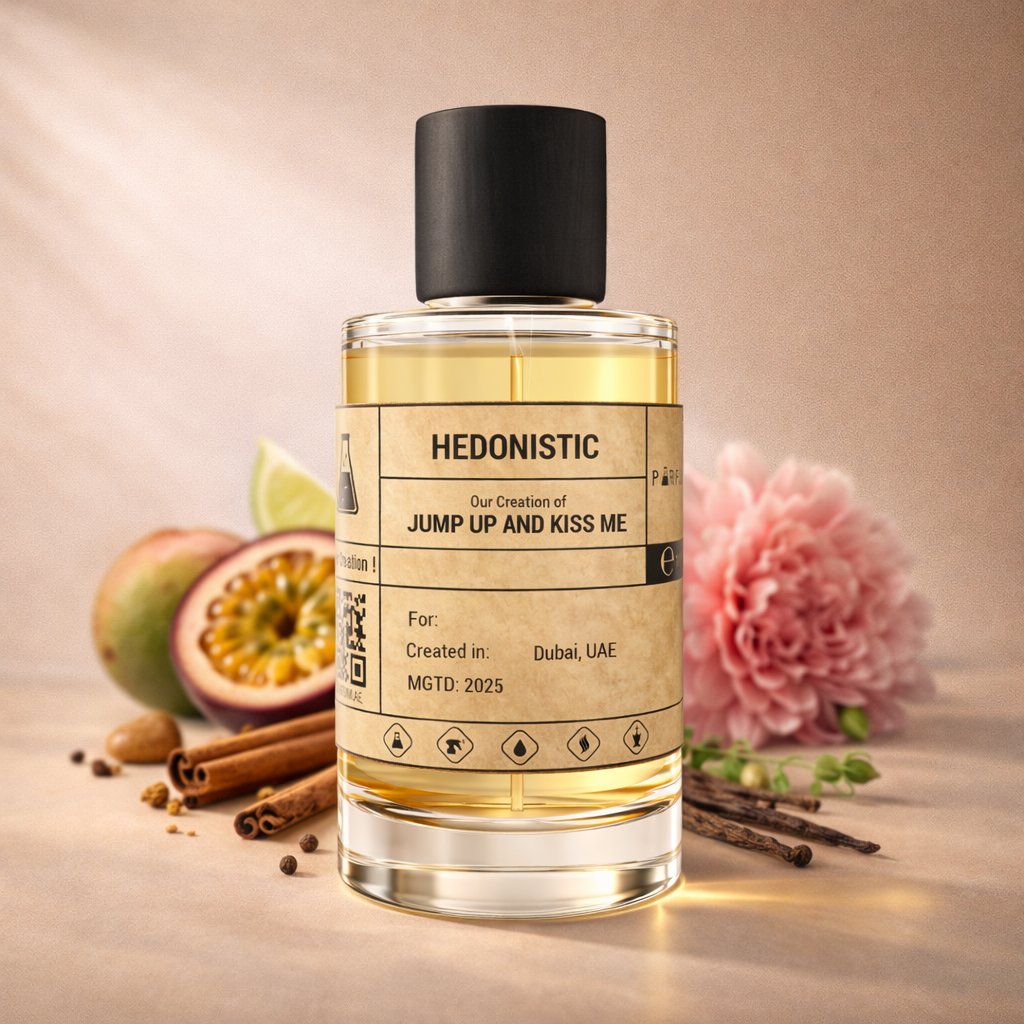 Perfume bottle labeled 'Hedonistic' with ingredients and a flower on a beige background