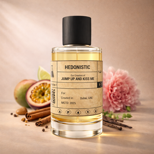 Perfume bottle labeled 'Hedonistic' with ingredients and a flower on a beige background