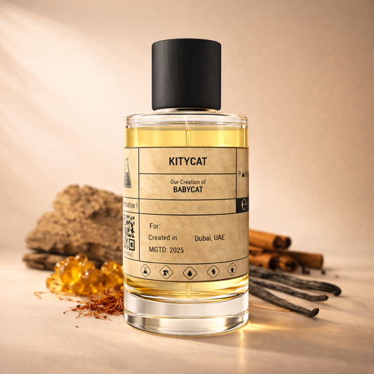 Kitycat perfume bottle with vanilla beans and cinnamon sticks on a beige background