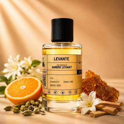 Perfume bottle labeled 'LEVANTE' with orange, cardamom, and flowers on a wooden surface.