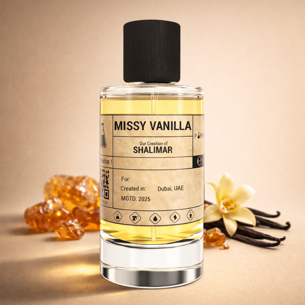 Perfume bottle labeled 'Missy Vanilla' with vanilla beans and flowers on a beige background
