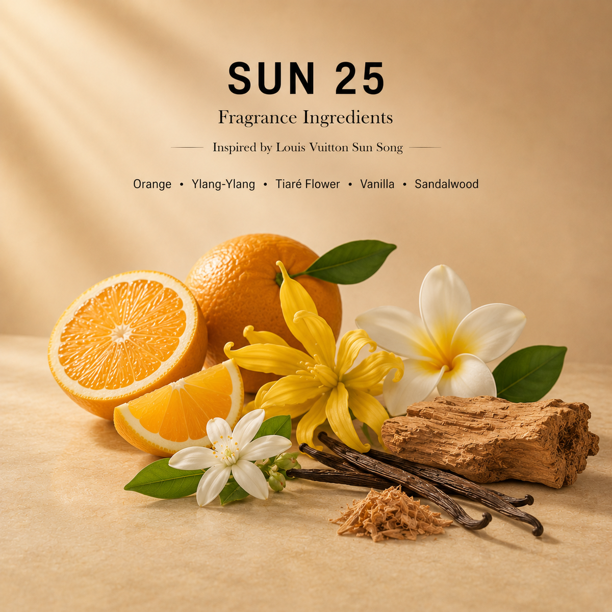 Fragrance ingredients including oranges, vanilla beans, and flowers on a beige background with 'SUN 25' branding.