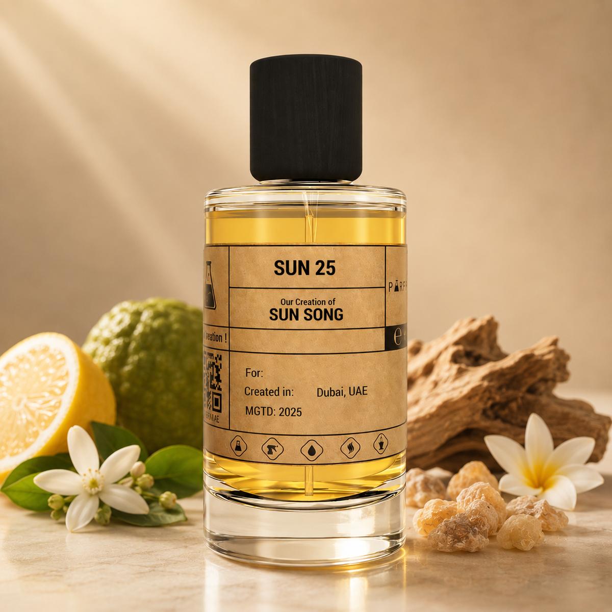 Perfume bottle labeled 'Sun 25' with natural elements on a wooden surface