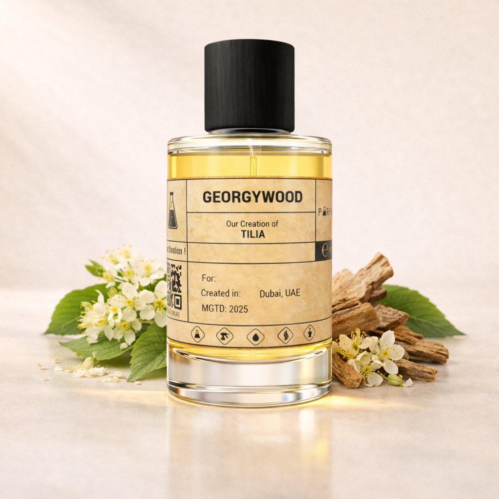 Bottle of Georgywood Tilia oil with flowers and wood pieces on a beige background