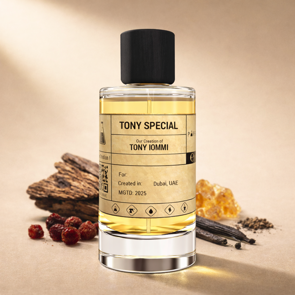Bottle of Tony Special perfume by Tony Iommi with a beige background