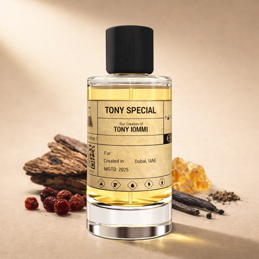 Bottle of Tony Special perfume by Tony Iommi with a beige background