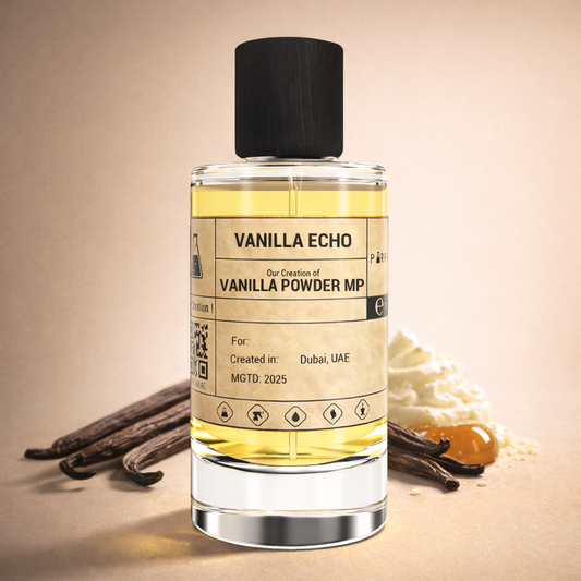 Vanilla Echo perfume bottle with vanilla beans and cream on a beige background
