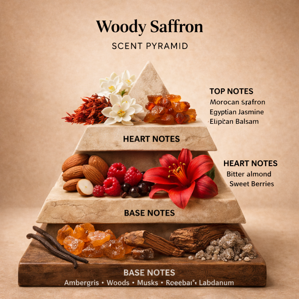 Wooden pyramid with scented items labeled 'Woody Saffron Scent Pyramid' on a beige background.
