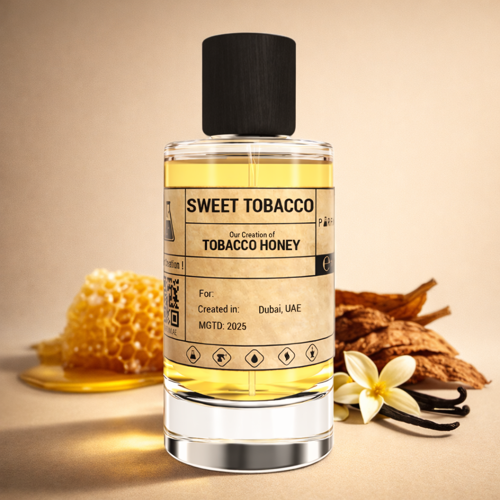 Bottle of 'Sweet Tobacco' with tobacco leaves and vanilla beans on a beige background